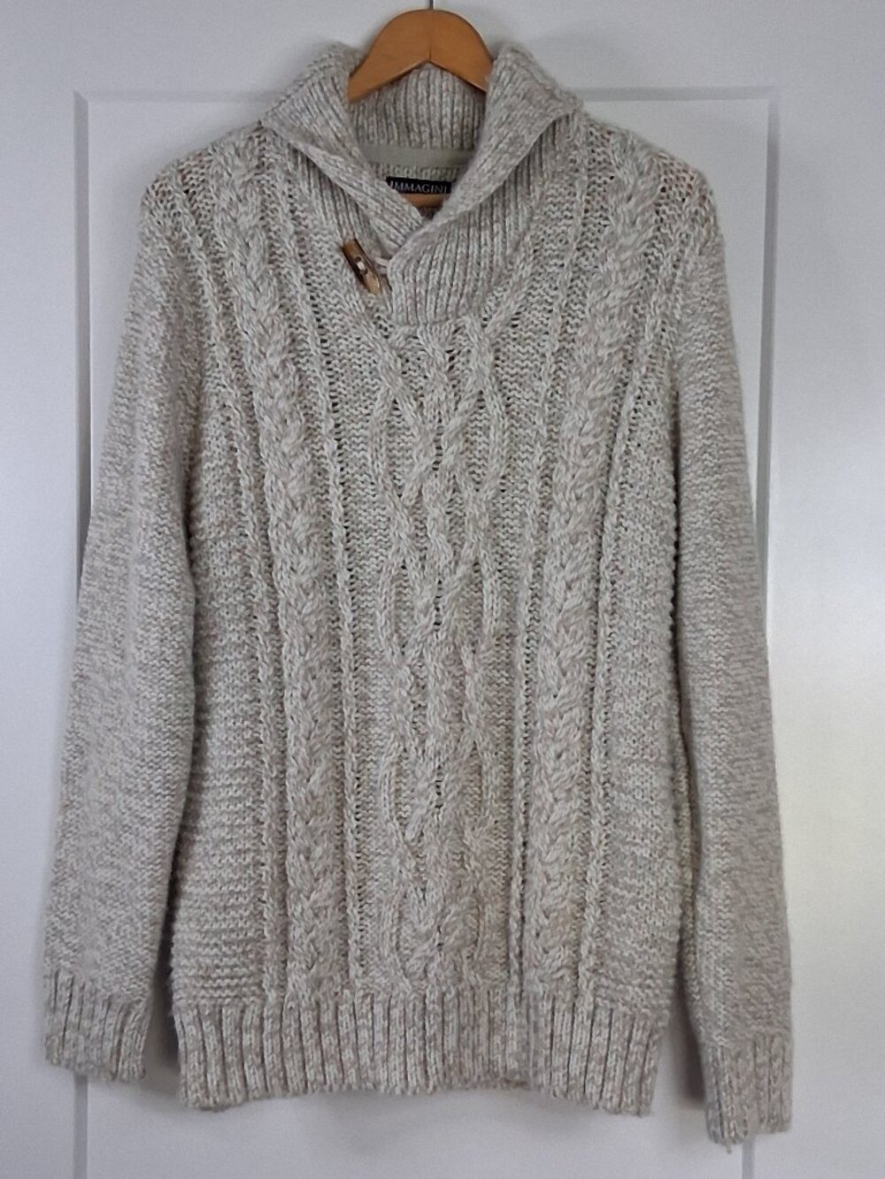 Vintage Immagini Italy Chunky Cable Knit Shawl Neck Toggle Sweater Men's L Cream